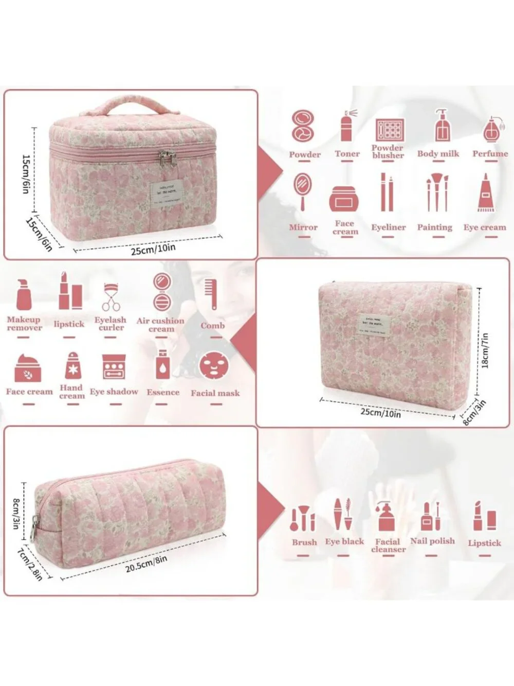 Floral Makeup Bag Set - 3pc Quilted Cosmetic Organizer, Cute Travel Toiletry